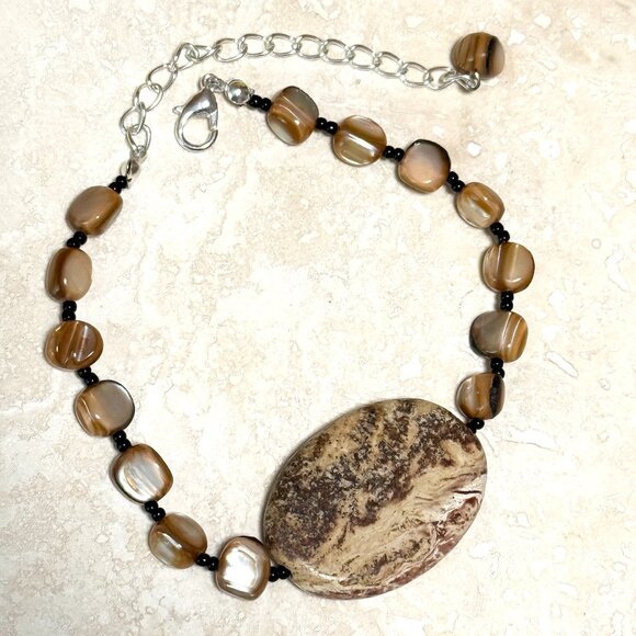 2/$20, Genuine Gemstone Earthy Brecciated Jasper & Mother of Pearl Bracelet - Picture 1 of 9